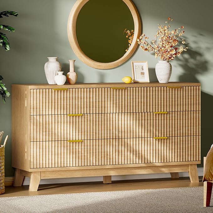 Fluted Dresser with 7 Drawers, 58" Wide Modern Chest of Drawers with Metal Handle, Wooden Dresser TV Stand, Wood Closet Clothes Storage Organizer for Bedroom, Living Room, Hallway, Natural Oak