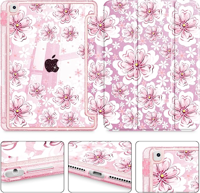 Mektron Sparkly Case for iPad 10.2 inch Glitter Tablet Cases for iPad 9th Gen 2021/8th Gen 2020/7th Gen 2019 Cover with Shiny Clear Back Shell Foldable Bling Smart Cover Blue Floral