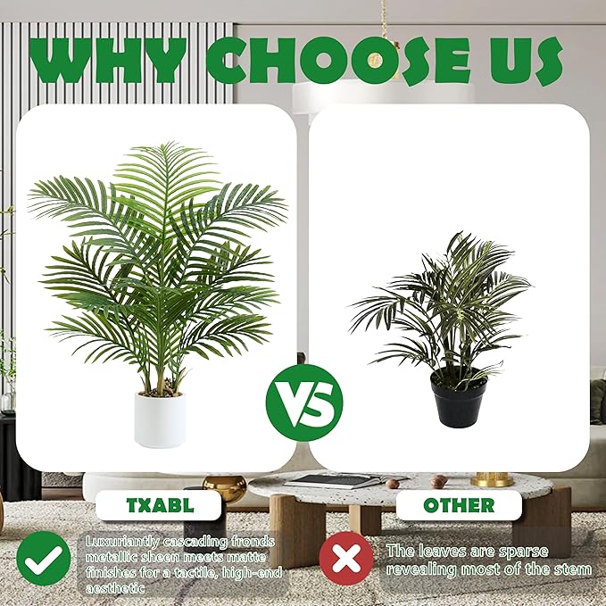 Artificial Palm Tree 3.5FT Tall Fake Tree with White Taper Planter & Pebbles, UV Resistant for Indoor & Outdoor Decor - Large Potted Faux Plant for Living Room, Office, Home Decor