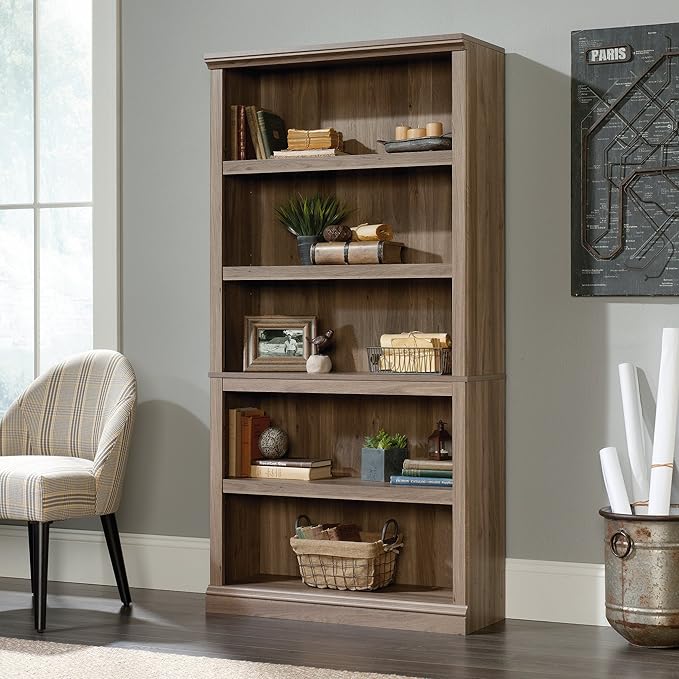 Sauder 5 Tier Book Shelf Wooden Bookcase Multipurpose Bookshelf for Home Office, Living Room, in Salt Oak finish