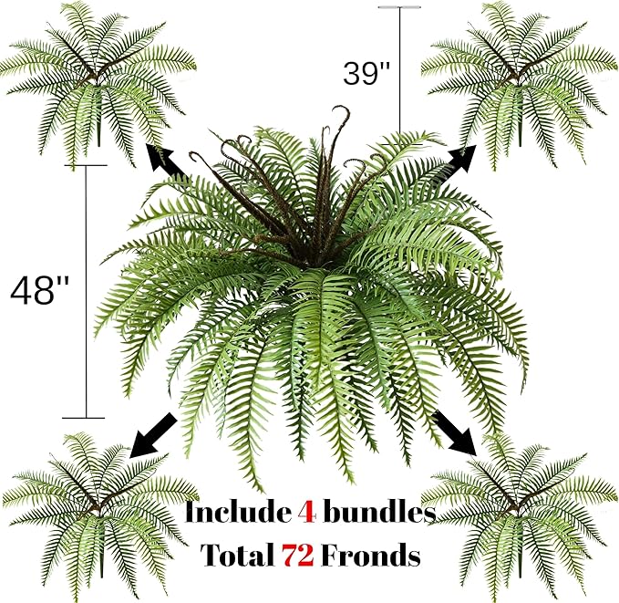 Polyester Artificial Boston Fern Bush,Set of 4,Fake Fern Hanging Plants UV Resistant That Look Real for Outdoors and Home Decor. (39" 4Pcs-Green)