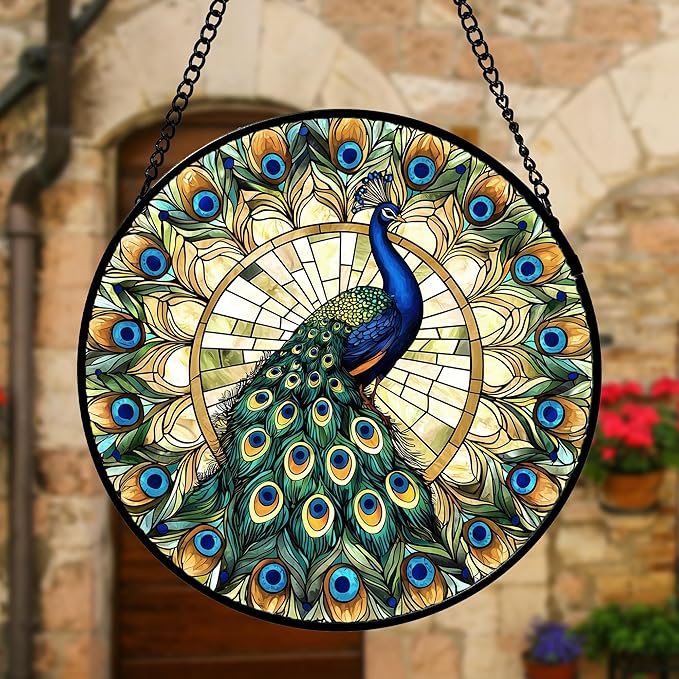 Stained Glass Window Hanging - Retro Peacock Decoration Suncatcher for Door Garden Home Bird Feather Sun Catchers Christmas Mother's Day Birthday Gifts for Women Men Mom Nana Friend 6.3 in