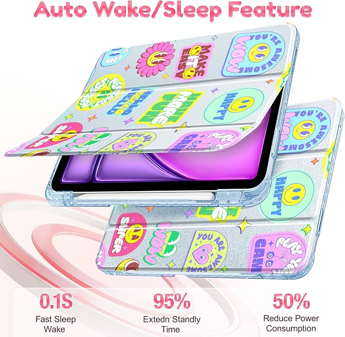 for iPad Air 11 inch M4/M3/M2 (2026/2025/2024) iPad Air 5th/4th Gen (2022/2020) 10.9 inch with Pencil Holder Glitter Clear Pretevtive Cover Auto Wake/Sleep Black Cartoon Stickers