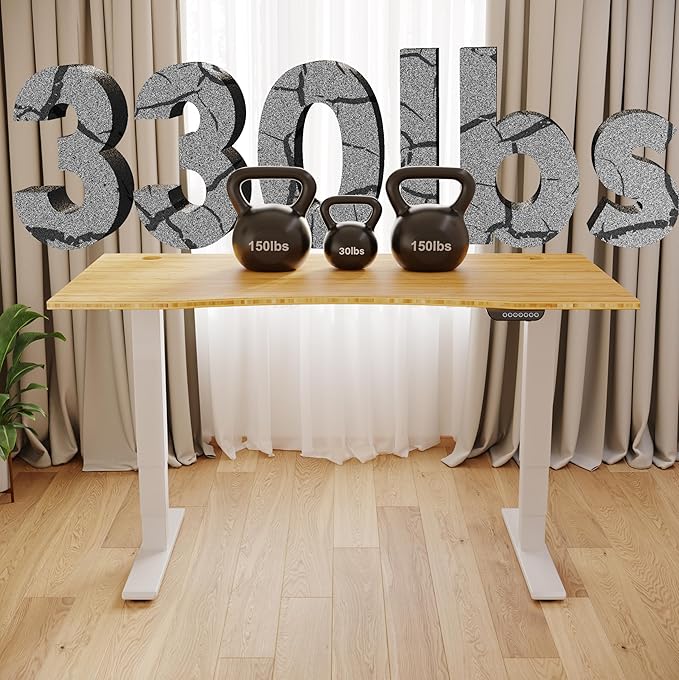 FLEXISPOT E6 MAX Bamboo Dual Motor 3 Stages Standing Desk 60x30 Inch Whole-Piece Board Electric Height Adjustable Stand Up Desk 150KG Load Capacity(White Frame + Bamboo Curved Desktop)