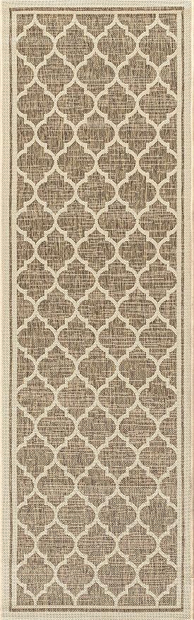 Eyely BMS109A-220 Santa Monica Trebol Moroccan Trellis Textured Weave, Pet Friendly, Non-Shedding, Stain Resistant, Easy-Cleaning, Brown/Beige, 2 ft. x 20 ft., Indoor/Outdoor, Runner Rug