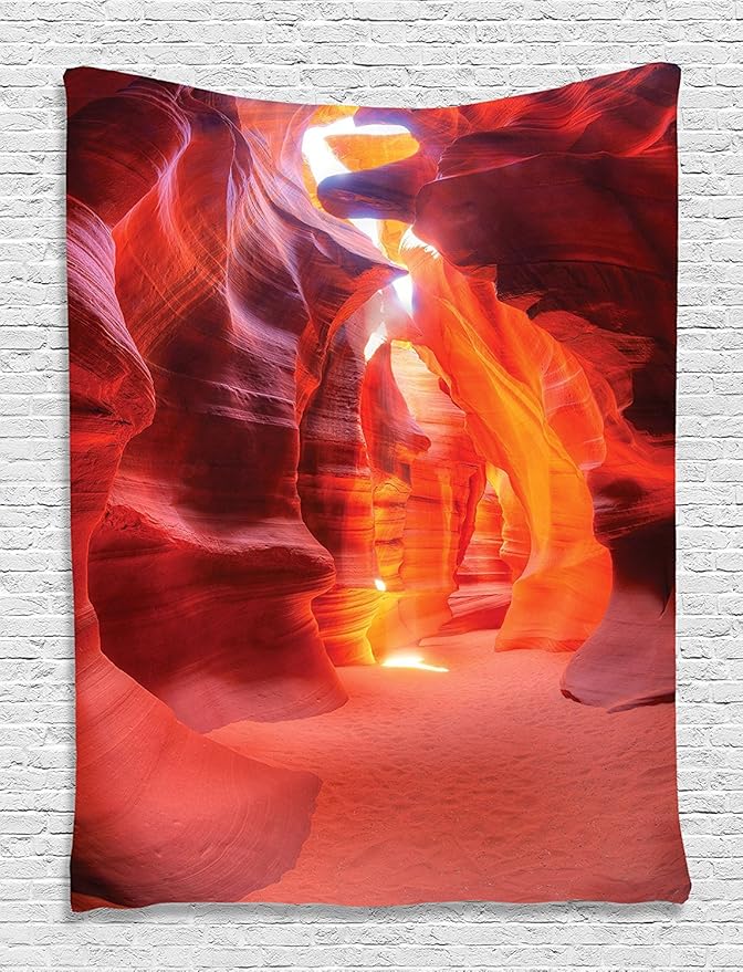 Ambesonne Americana Tapestry, Sunbeam Piercing Through Sandstone at High Noon in Antelope Canyon Picture, Wall Hanging for Bedroom Living Room Dorm Decor, 40" X 60", Orange Coral Red