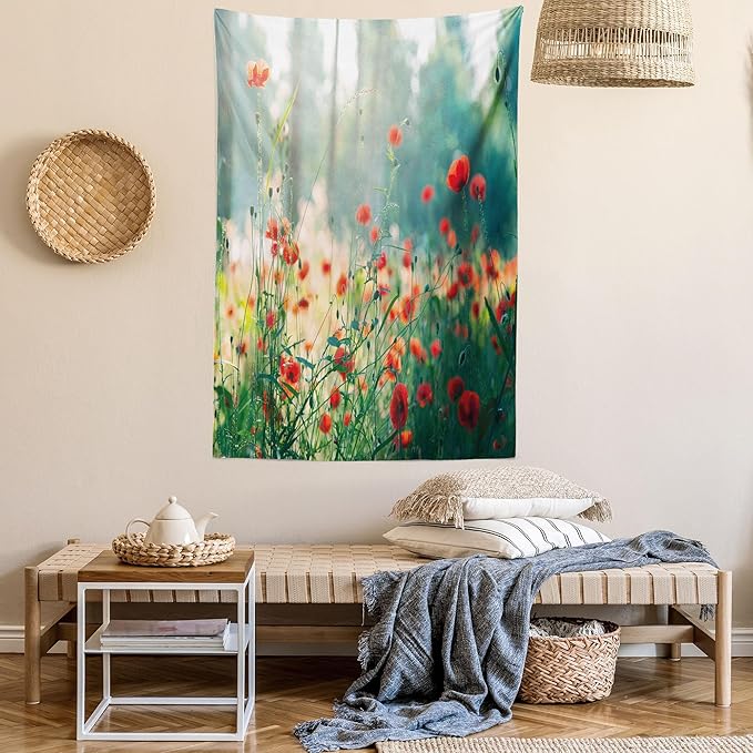 Ambesonne Nature Tapestry Queen Size, Wild Red Poppy Flowers Field Summertime Sunbeams Gardening Bedding Plants, Wall Hanging Bedspread Bed Cover Wall Decor, 88" X 88", Red Green Yellow