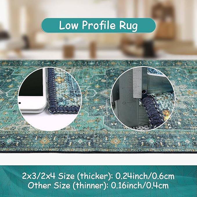 Moynesa Ultra-Thin Washable Round Rug - 4ft Oriental Circle Area Rugs for Bedroom Entryway, Teal Vintage Non Slip Non Shedding Low Pile Carpet for Living Room Coffee Table Kitchen