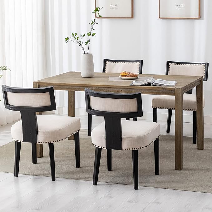 Mid Century Modern Dining Chairs Set of 4 Linen Fabric Upholstered Kitchen Side Chairs with Nailhead Trim, Modern Kitchen Armless Solid Wood Dining Chairs, Beige