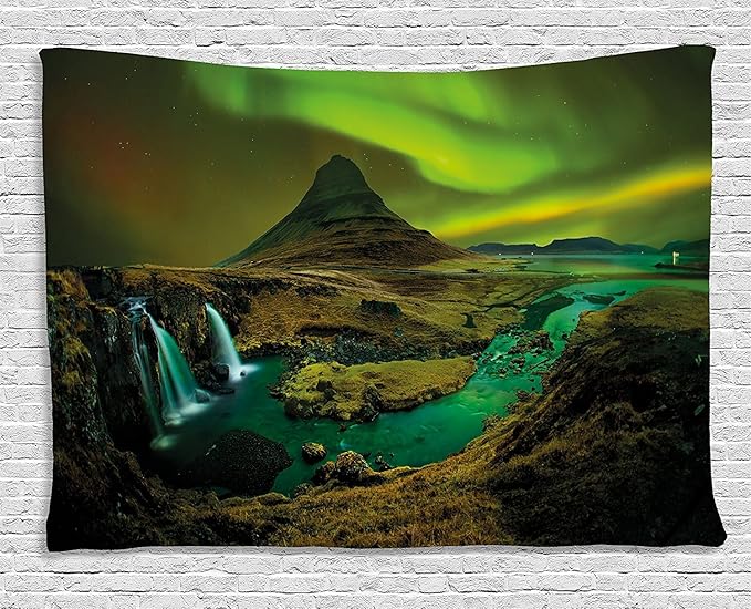 Ambesonne Aurora Borealis Tapestry, Pale Weather Over the Hills Waterfall Creek Nature Landscape, Wide Wall Hanging for Bedroom Living Room Dorm, 80" X 60", Olive Green