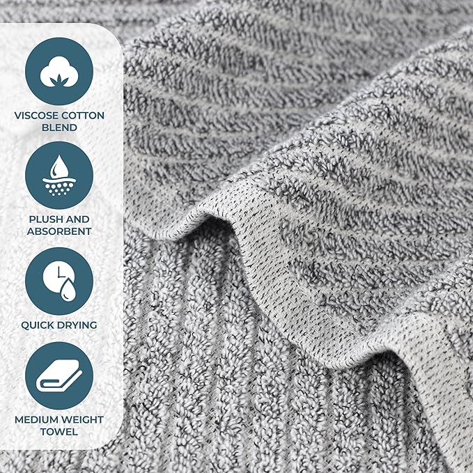 Superior Amelia Viscose Cotton Blend Medium Weight Towels, for Bathroom, Shower, Spa, Plush, Quick Dry, Ultra-Soft Towels, Bath Essentials, Ribbed Design, 12 Piece Assorted Towel Set, Charcoal