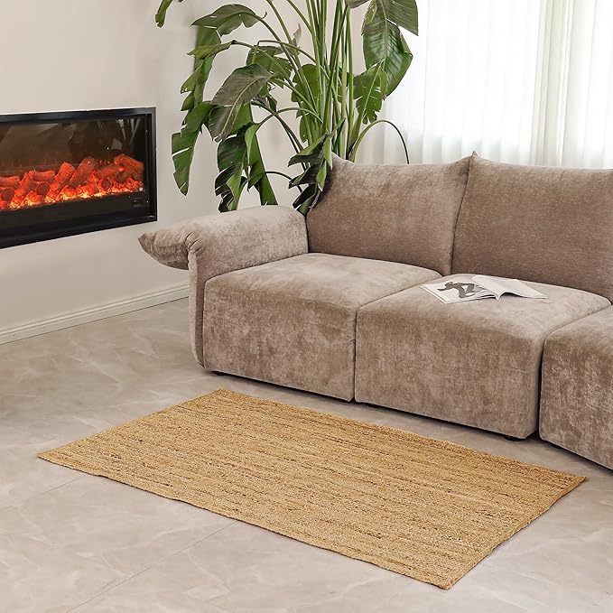 Jute Area Rug 3x5 Natural Jute Rug with Non-Slip Backing, Low-Profile Farmhouse Rug for Living Room, Bedroom or Entry – Eco-Friendly Boho Decor, Non-Shed for High-Traffic Door Mat
