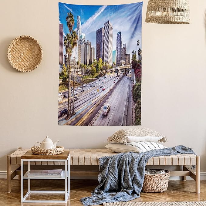 Ambesonne Travel Tapestry, Downtown Cityscape of Los Angeles California USA Avenue Buildings Palms Print, Wall Hanging for Bedroom Living Room Dorm Decor, 60" X 80", Blue Grey Green
