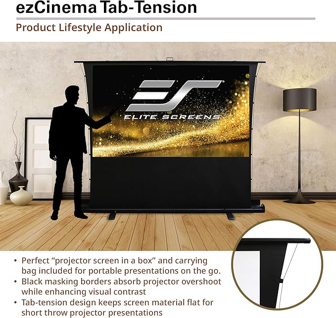 Elite Screens ezCinema Tab-Tension, 90-Inch Portable Floor Rising Projector Screen, 4:3, Tab-Tensioned Scissor-Backed, Manual Pull Up Projection Screen+Carry Bag, Home Office Classroom, Black- FT90XWV