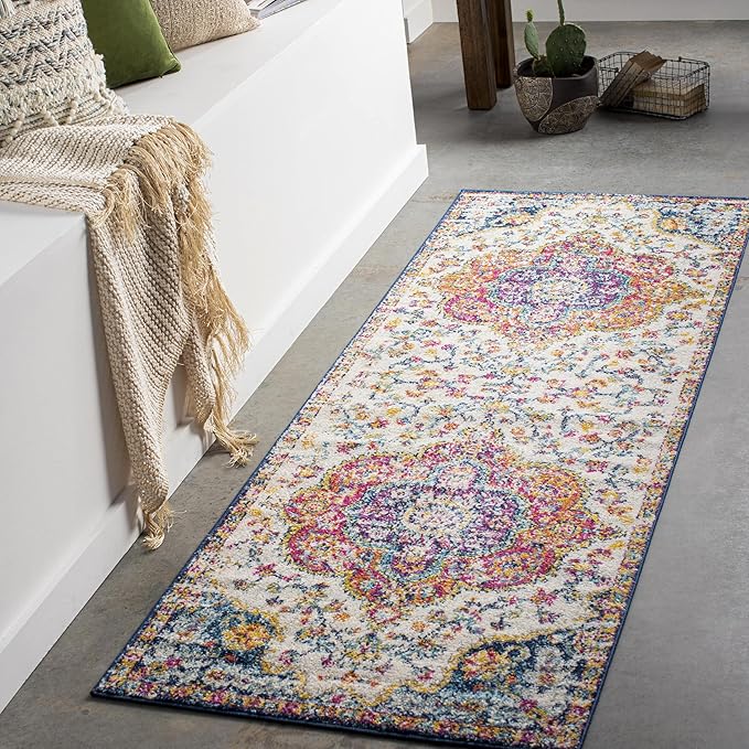 Livabliss Area Rugs - 3x10 Romaine Vintage Boho Fuchsia Mustard Blue Runner Area Rug for Living Room Bedroom - Floral Medallion Stain Resistant Carpet for Kitchen, Nursery, Office (2'7" x 10', Runner)