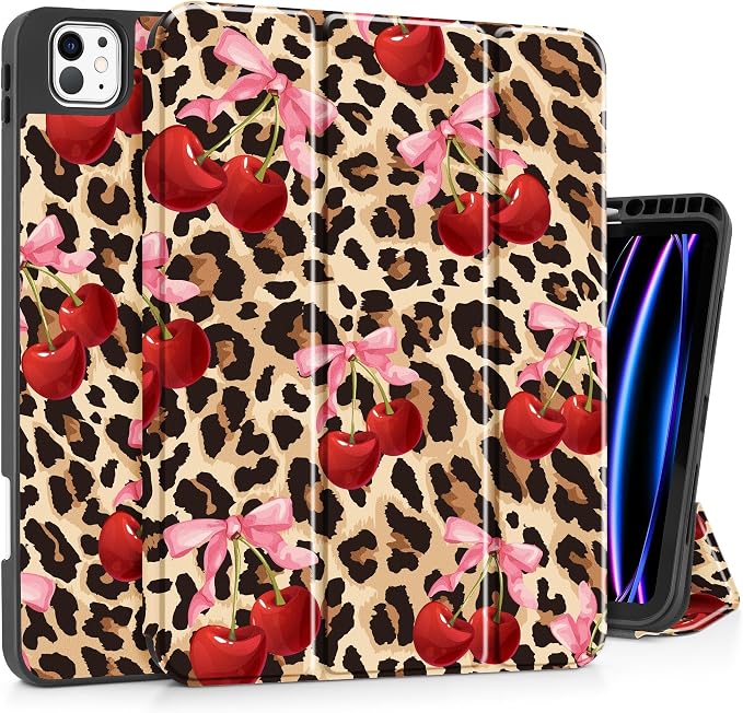 May Chen for iPad Pro 13 Inch Case M5 2025 / M4 2024 Tablet Cases Trifold Stand + Pencil Holder + Auto Wake/Sleep + Soft TPU Protective Stand Back Cover Cherry &amp Cheetah