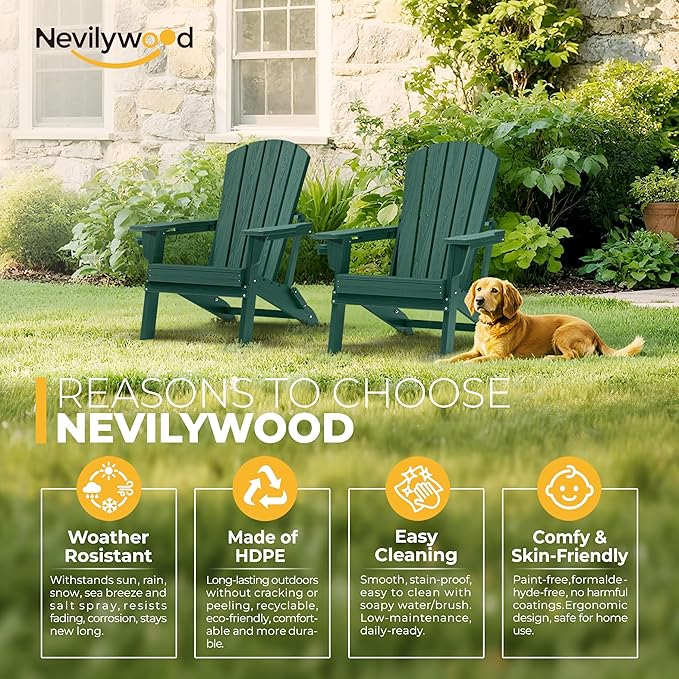 nevilywood Folding Adirondack Chair with Cup Holder Set of 4, HDPE Patio Chairs,All-Weather Outdoor Chairs for Backyard, Deck,Fire Pit-Green