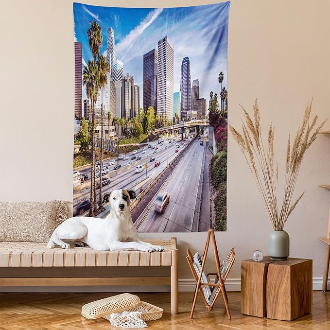 Ambesonne Travel Tapestry, Downtown Cityscape of Los Angeles California USA Avenue Buildings Palms Print, Wall Hanging for Bedroom Living Room Dorm Decor, 60" X 80", Blue Grey Green