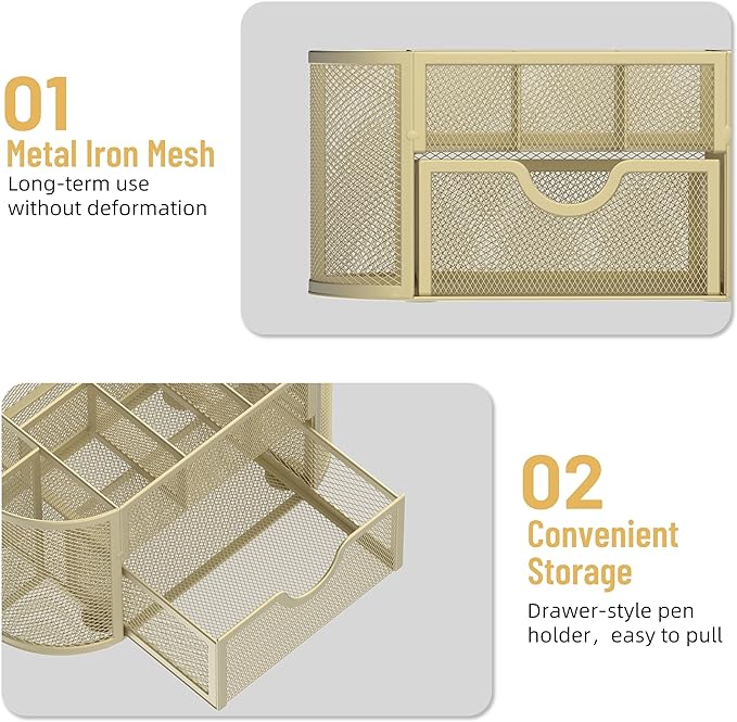 SUPEASY Mesh Desk Organizer, Desk Accessories & Workspace Organizers with Drawers, Pencil Holder for Desk with 9 Compartments for Office Suppliess, 8.6 x 4.3 x 4.1 Inch, Yellow