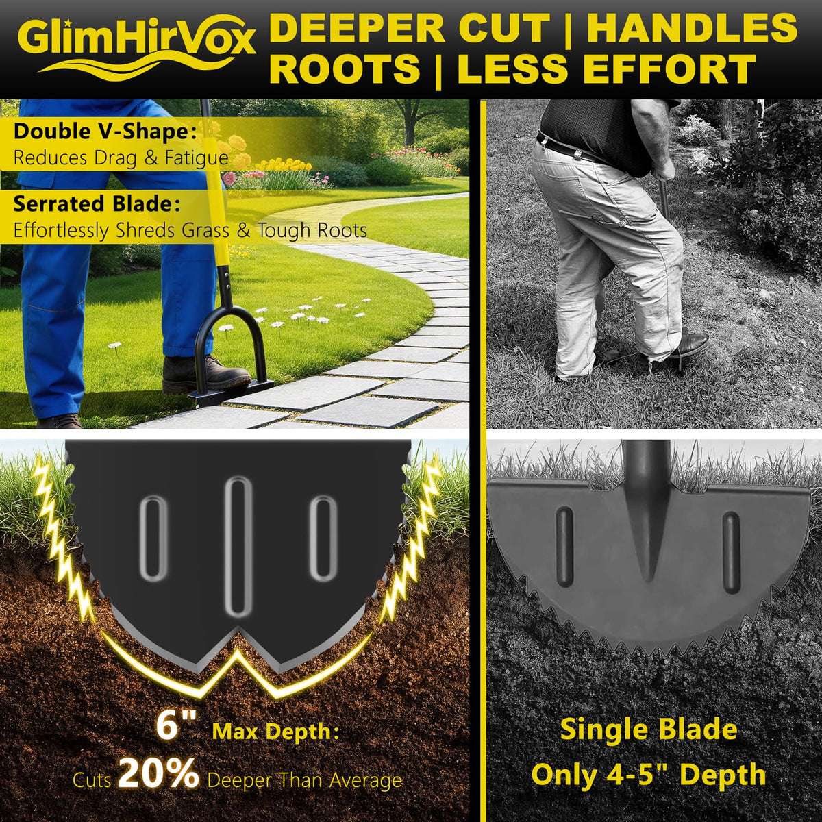 Half Moon Edger Lawn Tool with Double V-Shaped Saw-Tooth Blade & Rubber T-Grip, 40in Edging Shovel for Landscaping, Garden Edging Tool for Landscaping, Manual Lawn Edger Tools for Garden Maintenance
