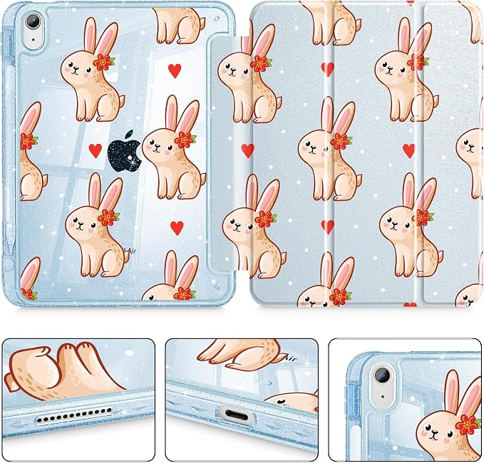 for iPad Air 11 inch M4/M3/M2 (2026/2025/2024) iPad Air 5th/4th Gen (2022/2020) 10.9 inch with Pencil Holder Glitter Clear Pretevtive Cover Auto Wake/Sleep Black Cartoon Stickers