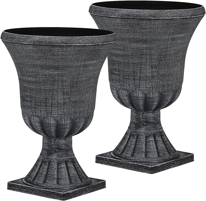 22" Urn Planters Outdoor Planter for Plants Set of 2 Timeless Plastic Large Flower Pot with Drainage Hole Handmade Washed Black Finish Garden Pots for Porch, Patio Christmas Decor