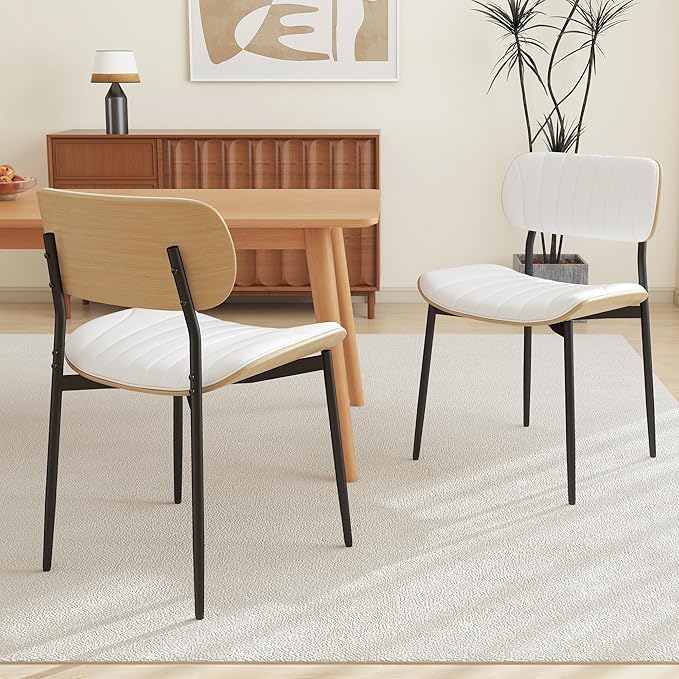 Modern PU Leather Dining Room Chairs Set of 6, Upholstered Kitchen Chairs with Curved Wood Backrest and Metal Legs Adjustable Feet for Kitchen Dining Room(White)