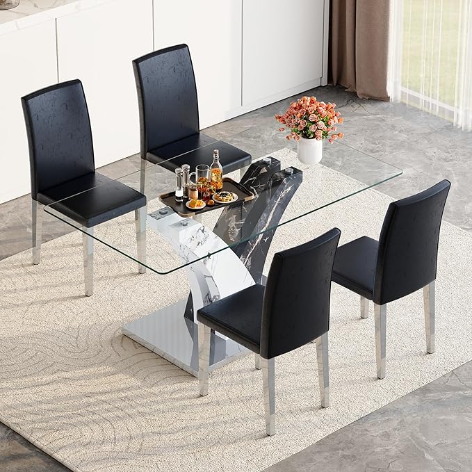 Glass Dining Table Set for 4, 63” Kitchen Table Set for 4, Modern Dining Room Table Set with Upholstered Chairs, Tempered Glass Tabletop with Y Shape Base