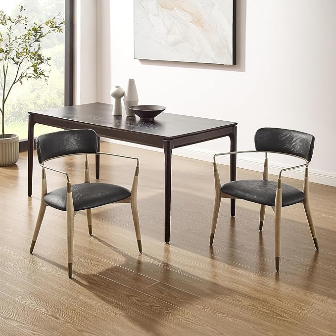 Art Leon Dining Chairs Set of 2 - Mid Century Modern Dining Room Chairs, Faux Leather Upholstered Accent Chair with Open Backrest, Wishbone Chair with Wood Legs, Black