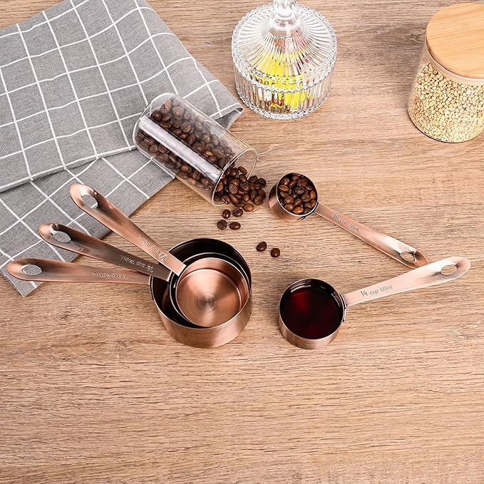 Nstezrne Copper Measuring Cups and Spoons Set, Stainless Steel Measuring Cups and Spoons Set 12, Metal Measuring Cups Set, 5 Measuring Cup Set and 6 Copper Measuring Spoons &Leveler for Kitchen