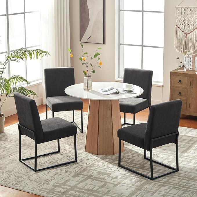 VKNOW Upholstered Dining Chairs Set of 4, Modern Dining Room Chairs, Linen Kitchen Chair Dinner Chair with Black Metal Base for Kitchen Office, Dark Grey-Unstriped