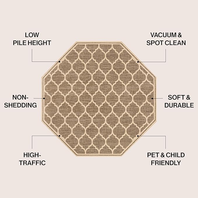 Eyely BMS109A-5TGN Trebol Moroccan Trellis Textured Weave Brown/Beige 5' Octagon Indoor/Outdoor Area Rug, Brown/Beige, 5' Octagon, Indoor/Outdoor, Area Rug