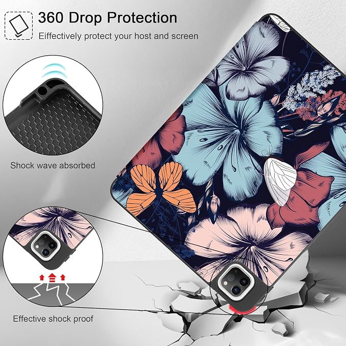 May Chen Case for iPad Pro 11 inch (4th 3rd 2nd &amp 1st Gen) 2022 2021 2020 2018 Trifold Stand + Pencil Holder + Auto Wake/Sleep + Soft TPU Protective Stand Back Cover Abstract Floral