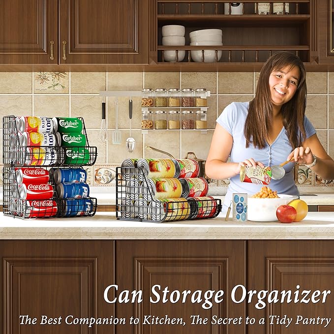 Stackable Soda Can Organizer Stores Up to 72 Cans, 4-Pack Can Storage Organizer for Pantry Shelves, 4-Tier Kitchen Can Holders with 4 Adjustable Dividers, Wire Drink Organizer for Pantry Cabinet Shelf