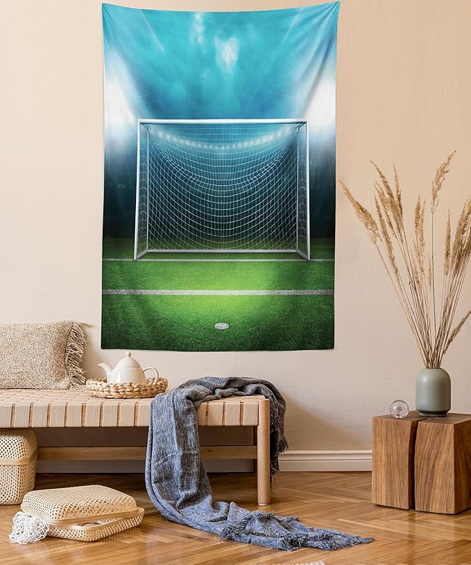Ambesonne Soccer Tapestry, Soccer Goal Post Sports Area Winner Loser Line Floodlit Best Team Finals Game Theme, Fabric Wall Hanging Decor for Bedroom Living Room Dorm, 23" X 28", Green and Blue