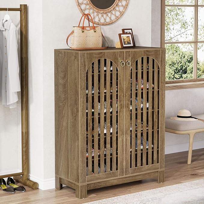 Tribesigns Shoe Cabinet with Shutter Doors, 6-Tier Shoe Storage Cabinet, Entryway Shoe Rack Organizer with Adjustable Shelves for Living Room, Bedroom, Natural Wood