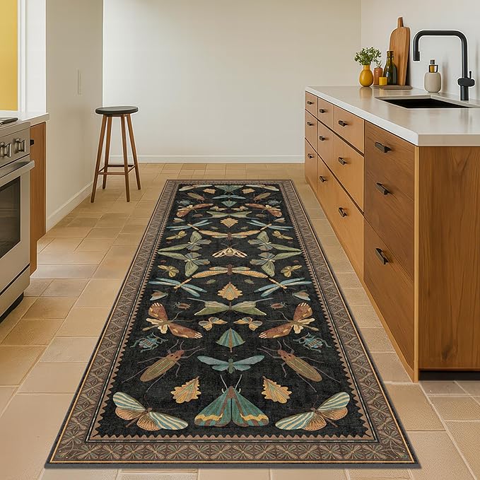 Green and Black 3x10 Wide Washable Runner Rugs for Hallway, Boho Insect Design Long Runner Rug for Kitchen Non Slip, Large Entryway Mats, Low Pile & Soft Stain Resistant Carpet