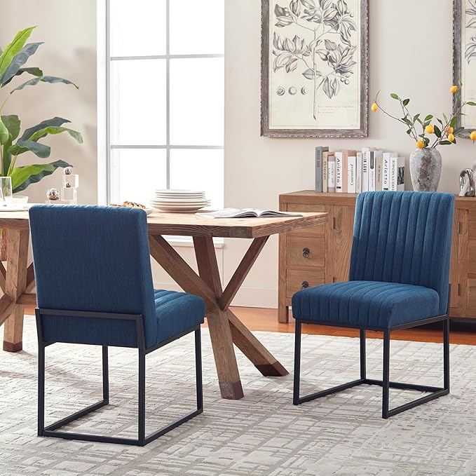 VKNOW Upholstered Dining Chairs, Modern Dining Room Chairs with Stripe, Linen Kitchen Chair Dinner Chair with Black Metal Base for Kitchen Office, Blue