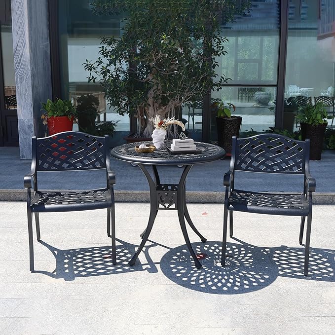 30.3 Inch Round Patio Table Cast Aluminum Patio Table,Metal Patio Dining Table with Umbrella Hole,All Weather Outdoor Bistro Dining Table for Backyard, Garden, Balcony, Black