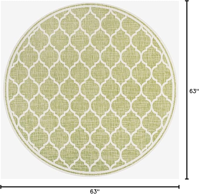 Eyely BMS109G-5R Santa Monica Trebol Moroccan Trellis Textured Weave Indoor/Outdoor Area Rug Coastal;Bohemian, Bedroom, Backyard, Patio, Easy-Cleaning, Non-Shedding, 5' Round, Green/Cream
