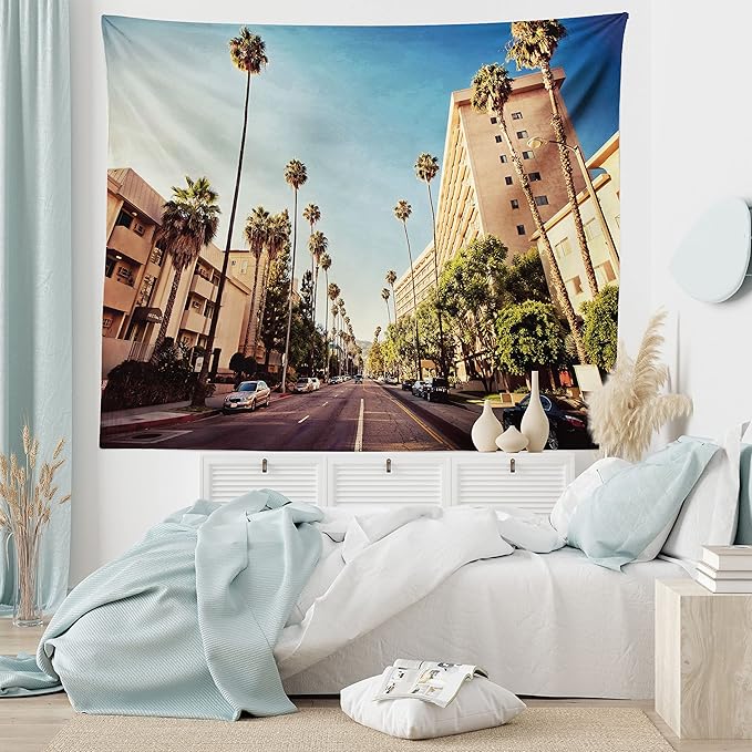Ambesonne Urban Tapestry Twin Size, Street in Beverly Hills CaliforniPalm Trees Houses Famous City Photo, Wall Hanging Bedspread Bed Cover Wall Decor, 68" X 88", Pale Blue Peach Green
