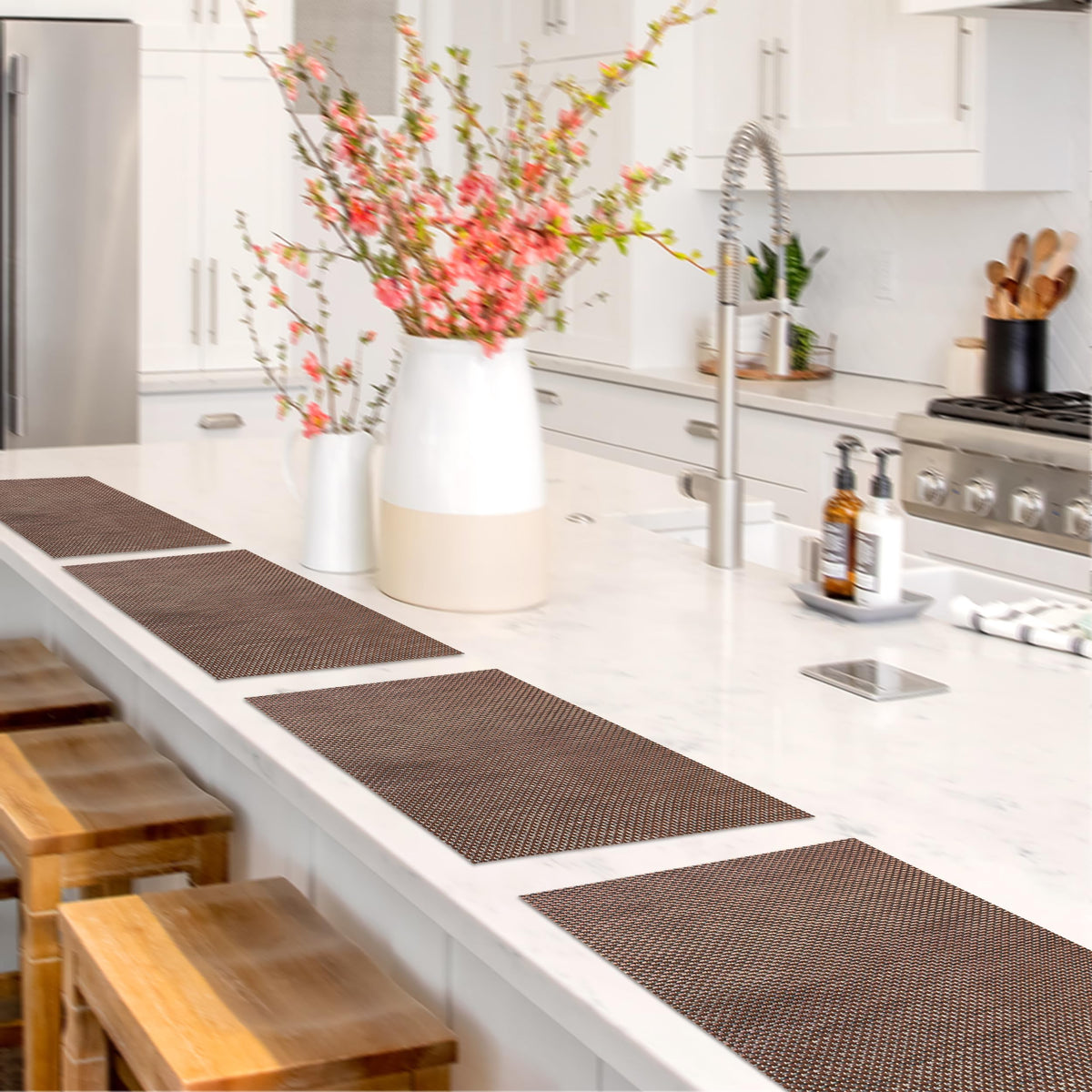 CK Home Vinyl Placemats (18" x 12") Set of 4, Brown Basketweave Table Mats for Indoor or Outdoor, Washable.