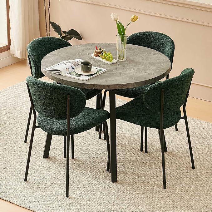 5-Pieces Kitchen Dining Table Set for 4, Grey Round Table MDF with 4 Metal Hooks for Hanging, Modern Dining Room Table Set with 4 Seated Green Boucle Dining Chairs for Dining Room, Cafe