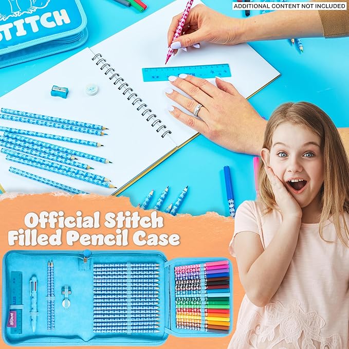 Disney Stitch Pencil Case for Girls Kids Tweens Colored Pencils Markers Pen Eraser Ruler Frozen School Supplies Stationary Gifts for Girls (Blue Stitch 1 Compartment)