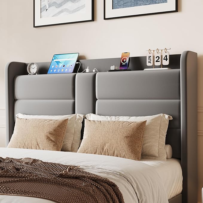 SHA CERLIN Queen Size Bed Frame with Charging Station & Storage Headboard, Velvet Platform Bed with Upholstered Modern Wingback Design, Wooden Slats Support, No Box Spring Needed, Easy Assembly, Grey
