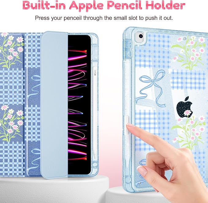 Mektron Sparkly Case for iPad 10.2 inch Glitter Tablet Cases for iPad 9th Gen 2021/8th Gen 2020/7th Gen 2019 Cover with Shiny Clear Back Shell Foldable Bling Smart Cover Blue Floral