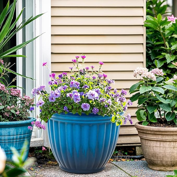 15" Large Flower Pots, Set of 2 Plastic Planters for Outdoor Indoor Plants with 3D Textures, Weather-Resistant for Porch, Garden, Patio or Indoor Use, Gradient Cobalt Blue