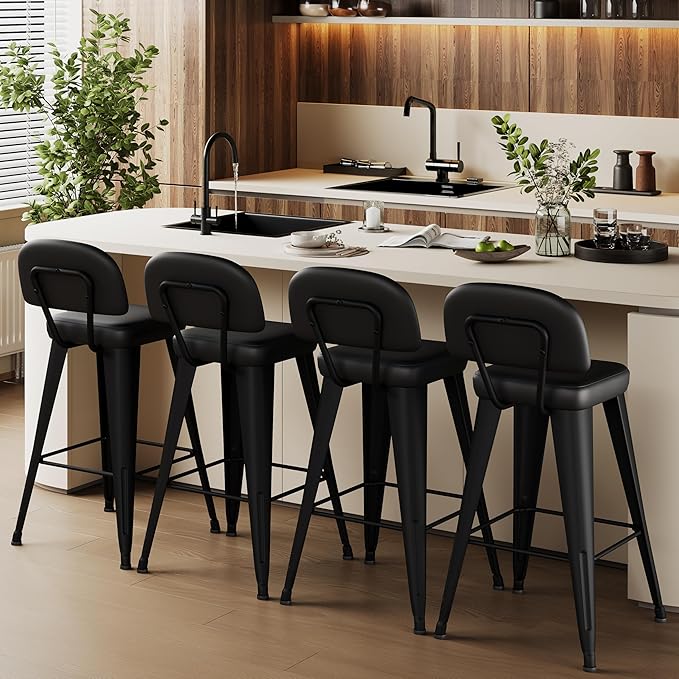 Aklaus PU Leather Metal Bar Stools 24 inch Faux Leather Counter Height Barstools Set of 4 Modern Farmhouse Bar Chairs with High Backs and Faux Leather Seat for Kitchen Island Dining Room Matte Black