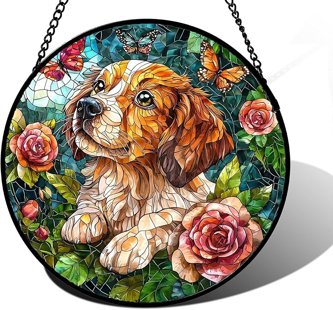 Stained Glass Window Hanging, Dog and Rose Suncatcher for Doors Home Butterfly Sun Catchers Decoration and Christmas, Mother's Day Birthday Gifts for Women, Men, and Mom 7.8 in
