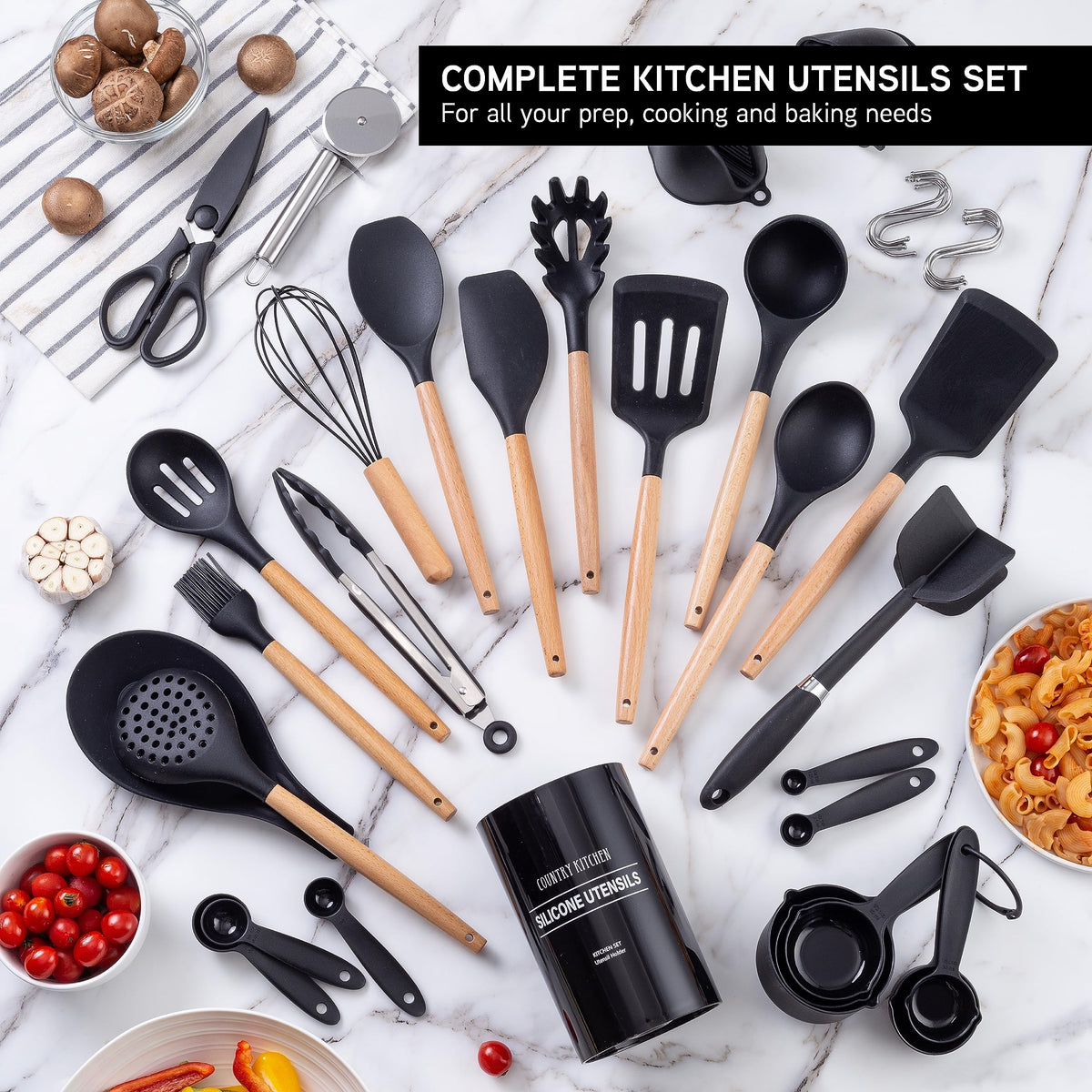 Country Kitchen Non Stick Silicone Utensil Set with Rounded Wood Handles for Cooking and Baking, 6 Piece Set, Black